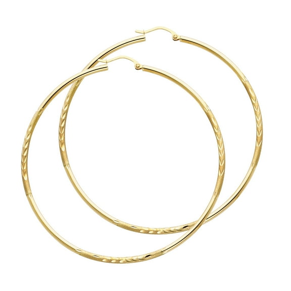 14k Yellow Gold Big Round Hoop Earrings Large Diamond Cut Satin Finish French Lock Solid 65 x 2 mm