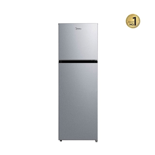 refrigerador automático midea top mount silver 10 pies, vista frontal centrada de dos puertas en acabado plateado con congelador superior y logo Midea; tira negra entre compartimentos y patas cortas visibles. Tecnología Smart Sensor para mantener temperatura estable, filtro de carbono desodorizante, dispensador de agua integrado y compartimiento extra frío ideal para carnes y pescados; opción de control para enfriamiento rápido, adecuado para climas de ola de calor.