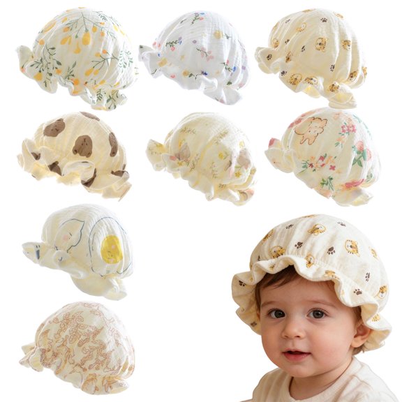 Lispipm Baby Hat Cotton Bonnet Toddler Boys Girls Ruffle Muslin Linings Cap Infant Toddler Cartoon Bear Hats for Sleeping Blue 0-12 Months