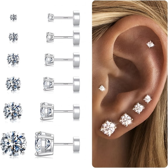 DESIGNICE 6 Pairs Hypoallergenic Silver Flat Back Earrings for Women, Stud Cartilage Earrings for Sensitive Ears Cubic Zirconia Ball Earring Studs for Women Jewelry