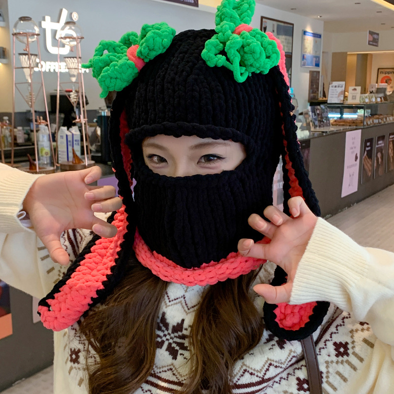 Bunny Ear Hat, Knitted Winter Beanie, Pink Bunny Ear & Devil Horn Balaclava Mask for Women – Soft Polar Winter Mask, Cute Cosplay & Halloween Costume Accessory