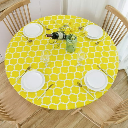 

JOOCAR Round Tablecloth Yellow Moroccan Waterproof and Oil-Resistant Elastic Band Closure Elastic Wipe Clean Table Cover for Dining Table Indoor and Outdoor
