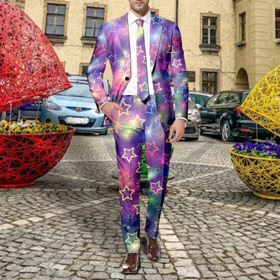 Men's Carnival Print Two Piece Suit – Slim Fit Blazer and Pants in L-3XL, Colorful Printed Stage Performer Outfit for Events and Festivals