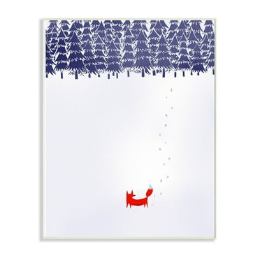 The Stupell Home Decor Minimal Red Fox in the Snow Blue Pine Forest Illustration Wall Plaque Art