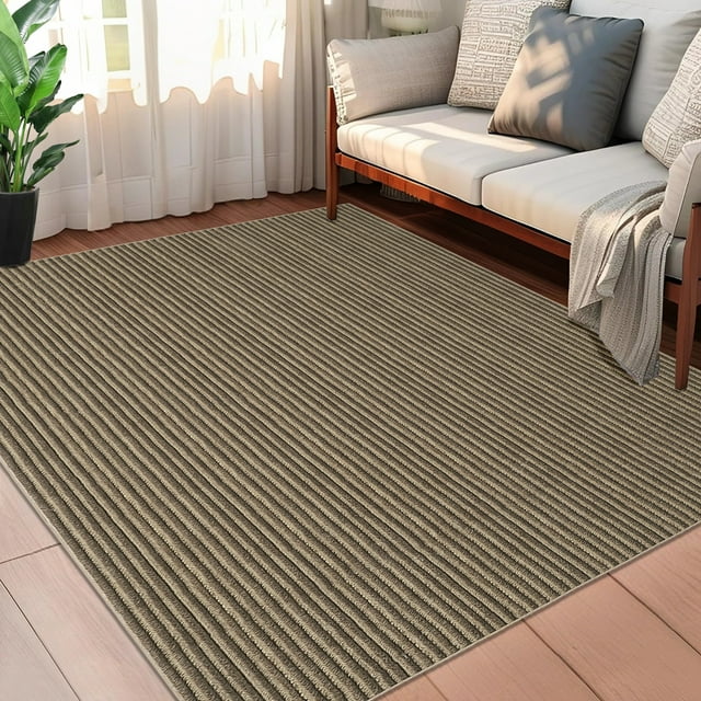 Tapis Moderne à Rayures 8x10 Lavable en Machine pour Salon, Tapis de Sol Antidérapant Intérieur, Tapis Doux en Velours Perlé à Poils Courts, Tapis Pliable Imprimé pour Chambre, Garderie, Tons Bruns