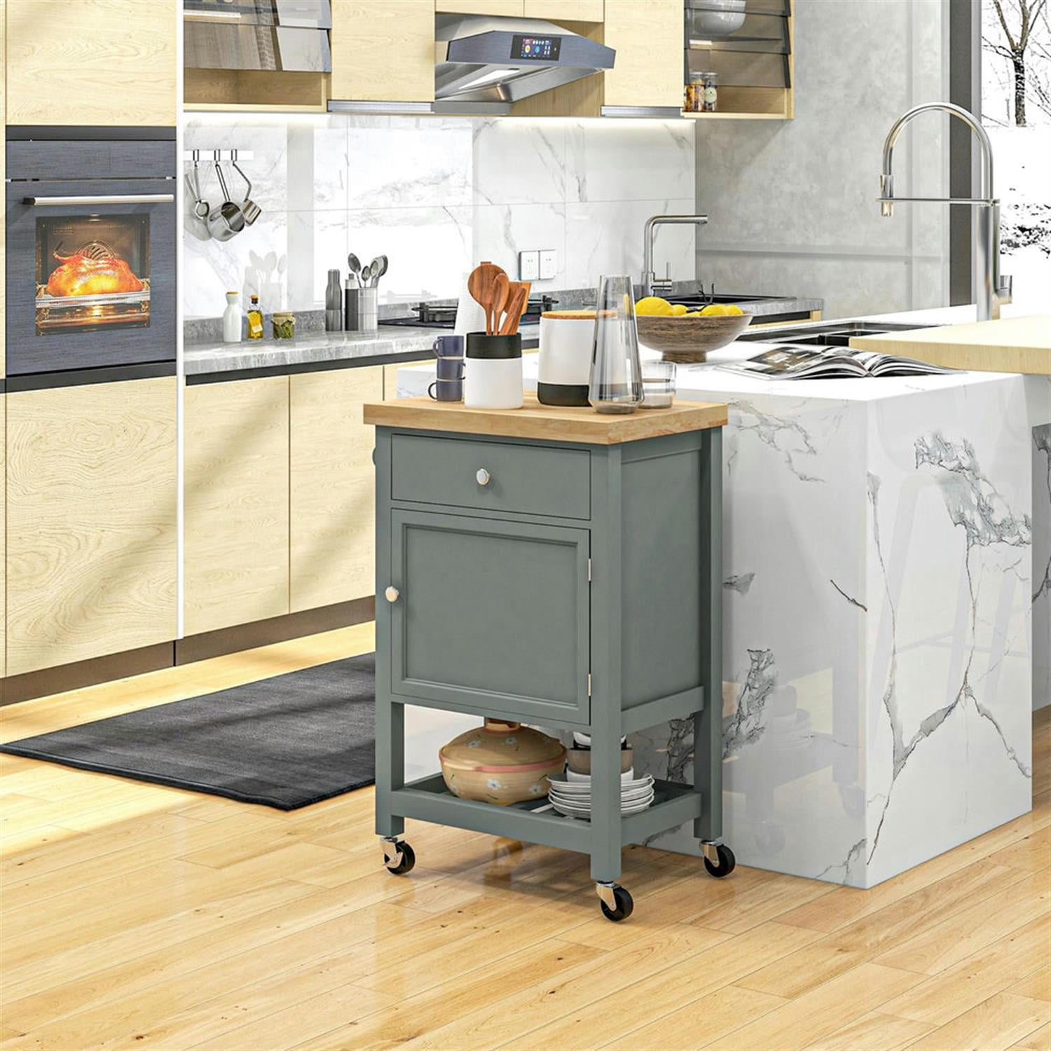 Demi Bonn Kitchen Island Cart on Wheels with Storage, Rolling Dining Room Serving Utility Carts Mobile Movable with Rubberwood Top and Drawer, Gray