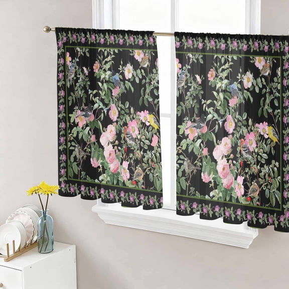 Black Spring Floral Sheer Curtains 45 Inch Length 2 Panels Set Window Treatments, Elegant Pastoral Flowers Birds Watercolor Rod Pocket Semi Curtains for Living Room/Bedroom/Kitchen, 104"W x 45"L