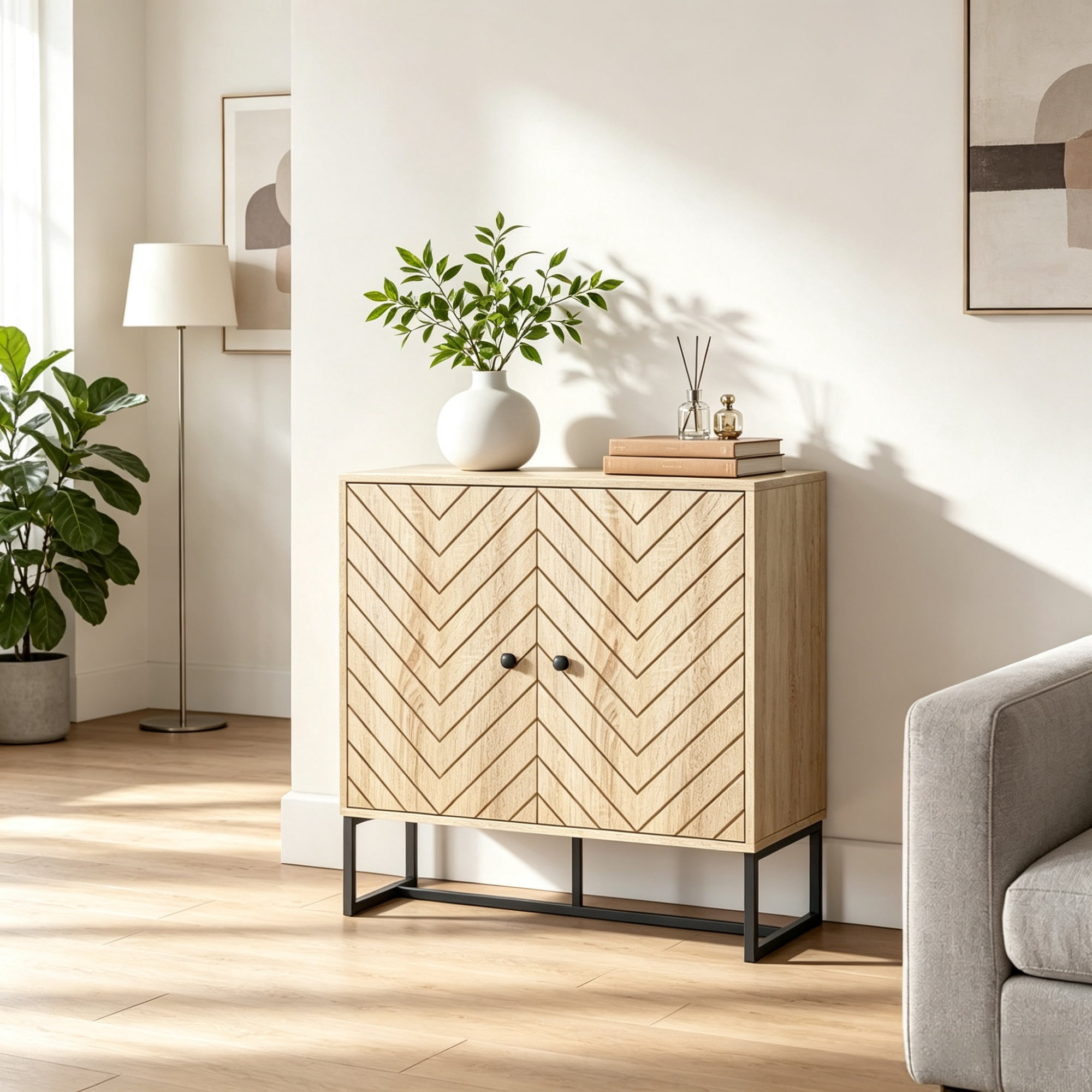 31.5" Modern Buffet Cabinet, Adjustable Shelf, Steel Base, 2 Chevron Doors Sideboard