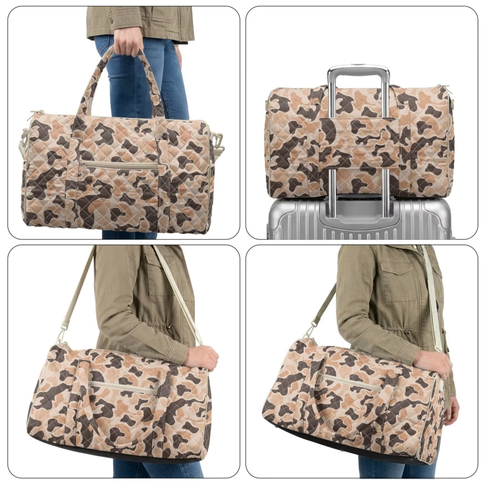 Garronmavis Large Camo Print Quilted Duffle Bag for Women, Weekender Travel Bag Carry On Overnight Bag, Fashion Gym Dance Tote with Zipper Pockets for Travel Work Workout