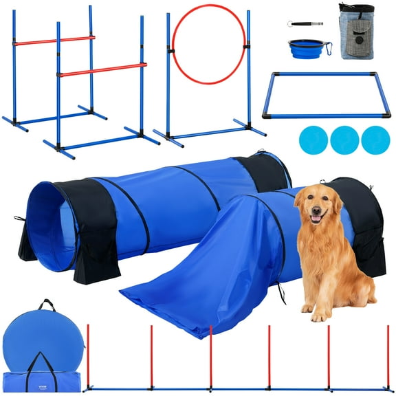 VEVOR Dog Agility Training Equipment, 7 PCS Set w/ Adjustable High Hurdles,6 Weave Poles,2 Tunnels,Jump Ring,Pause Box,Whistle,Foldable Bowl,Puppy Obstacle Course Kit w/ 3 Bags