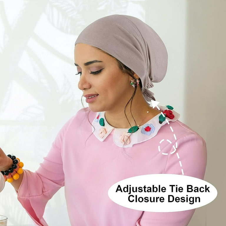 Pack of 4 Women's Hijab Undercap Hijab, Islamic Muslim Hijab with Tie Back,  Elastic Breathable Hijab Solid Colour Hijab Hat Headwear Chemo Headscarf  Sleep Hat (56-58cm,Pink) 