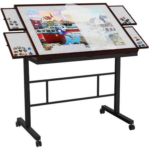 Jigsaw Puzzle Table with Drawer, Portable Wooden Puzzle Board for Adults and Legs, Five Tilt Angle Adjustable,  Protective Cover, Coffee Color