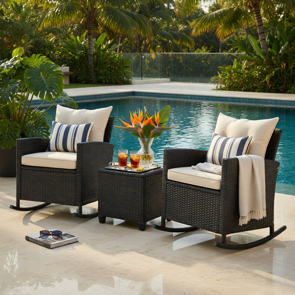 Hommoo 3-Piece Outdoor Rattan Rocking Chair Set with Tempered Glass Coffee Table & Removable Cushions, Weather-Resistant PE Wicker Patio Furniture for Backyard, Poolside & Porch, Brown