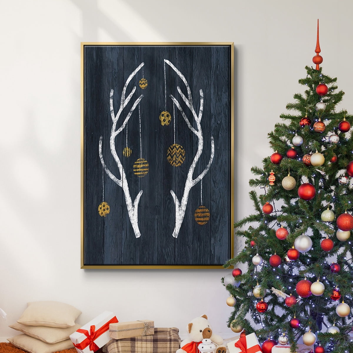 Antlers & Ornaments - Framed Gallery Wrapped Holiday Canvas - 25 x 37 - Gold Frame
