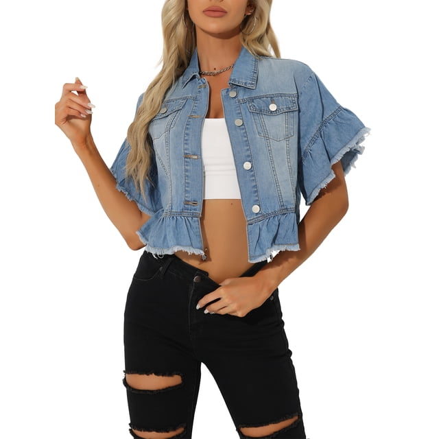 Blusas de mezclilla INSPIRE CHIC para mujer, con volantes, de manga corta, liviana, con dobladillo peplum, camisa de mezclilla, azul claro, XS