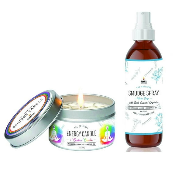 7 Chakras Smudge Spray and Candle Bundle | for Cleansing House, Meditation, Chakra Healing, Aromatherapy | Smudging Candle with Crystals and Herbs