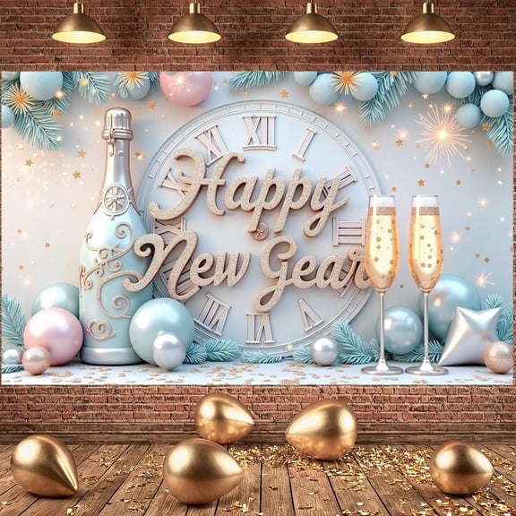 Gold Lettering Happy New Year Banner Light Blue Theme New Year Banner Elegant Design Festive Celebration Banner for New Year Party Holiday Celebration Indoor Decoration