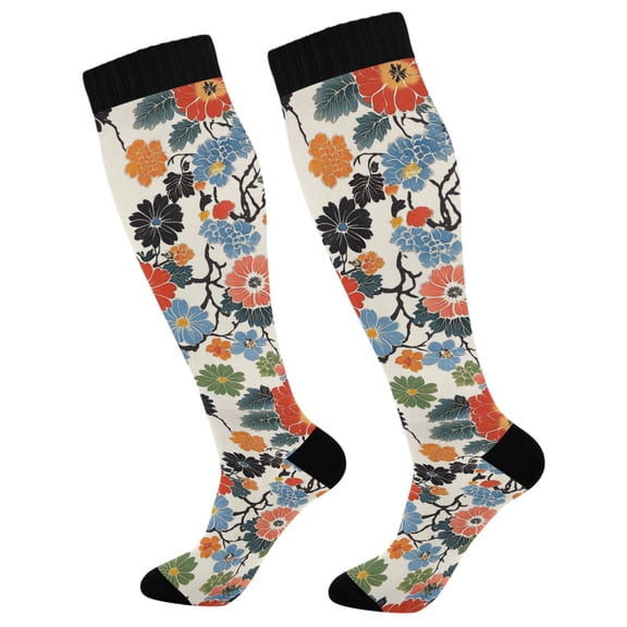 FORMRS Womens Knee High Socks Casual Long Thick Travel Daily Wear, 1 Pair, Black Flowers Pattern