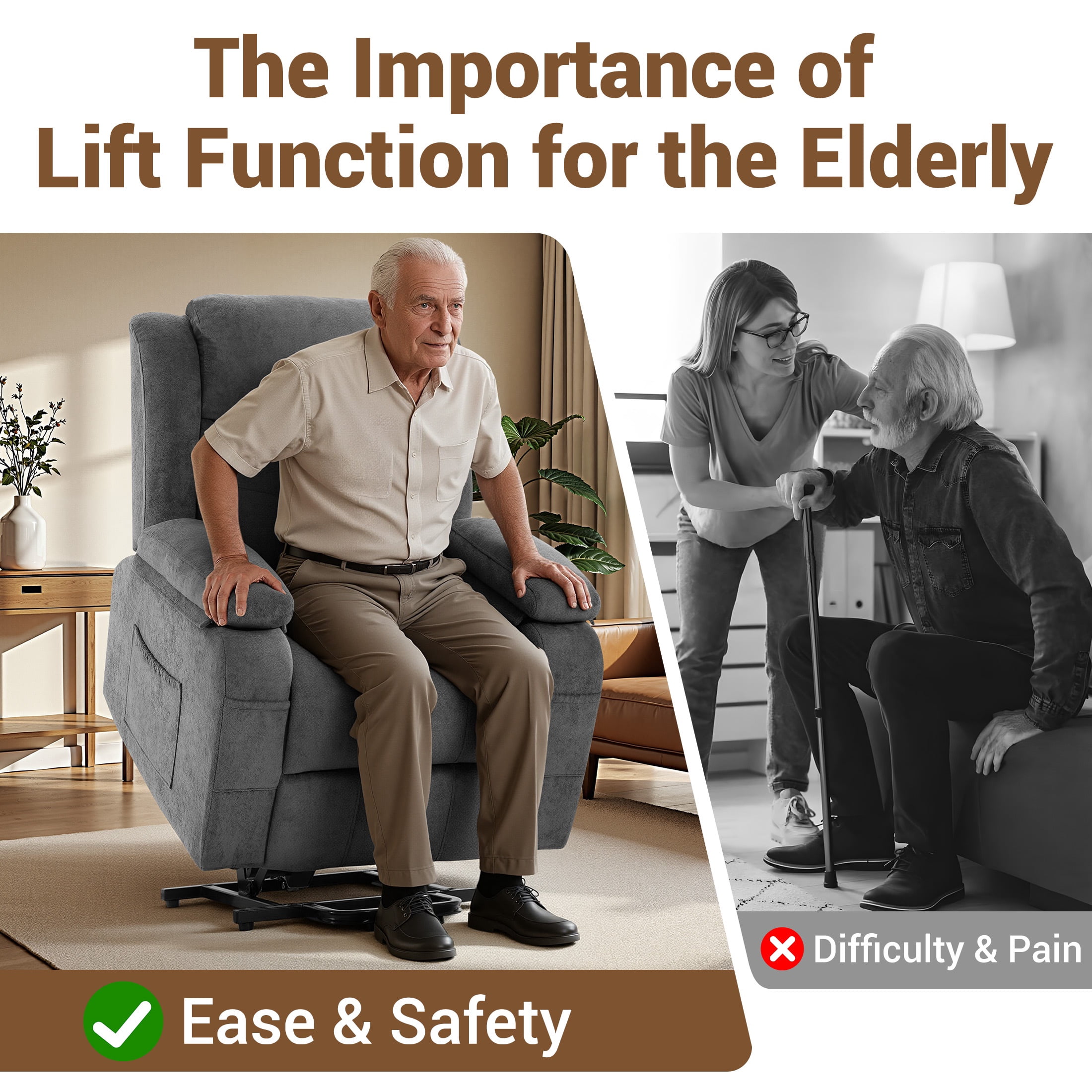 HSUNNS Power Lift Recliner Chair for Elderly, Overstuffed Wide Recliners for Adults, Heavy Duty Recliner Sofa and Safety Motion Reclining Mechanism, 45°-135° Recline, 350lb Capacity, Grey
