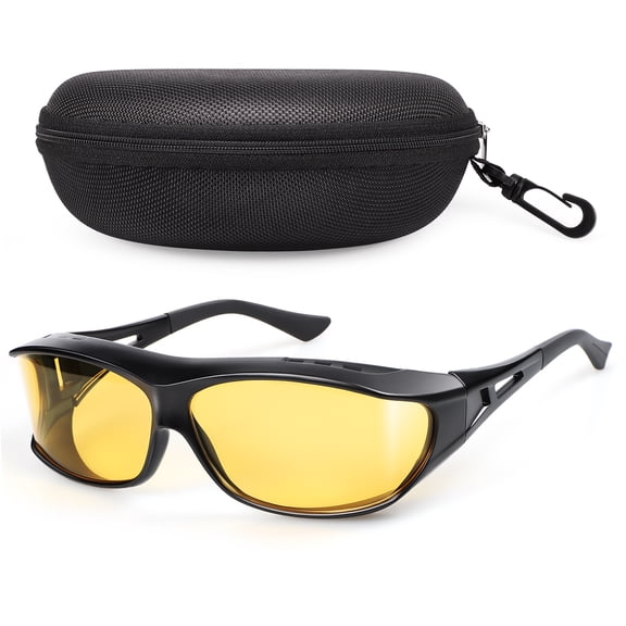 TINHAO Night Driving Glasses Fit Over Prescription Glasses, Hard Case Included, Anti-Glare Polarized Night Vision Oversized Lens for Men Women