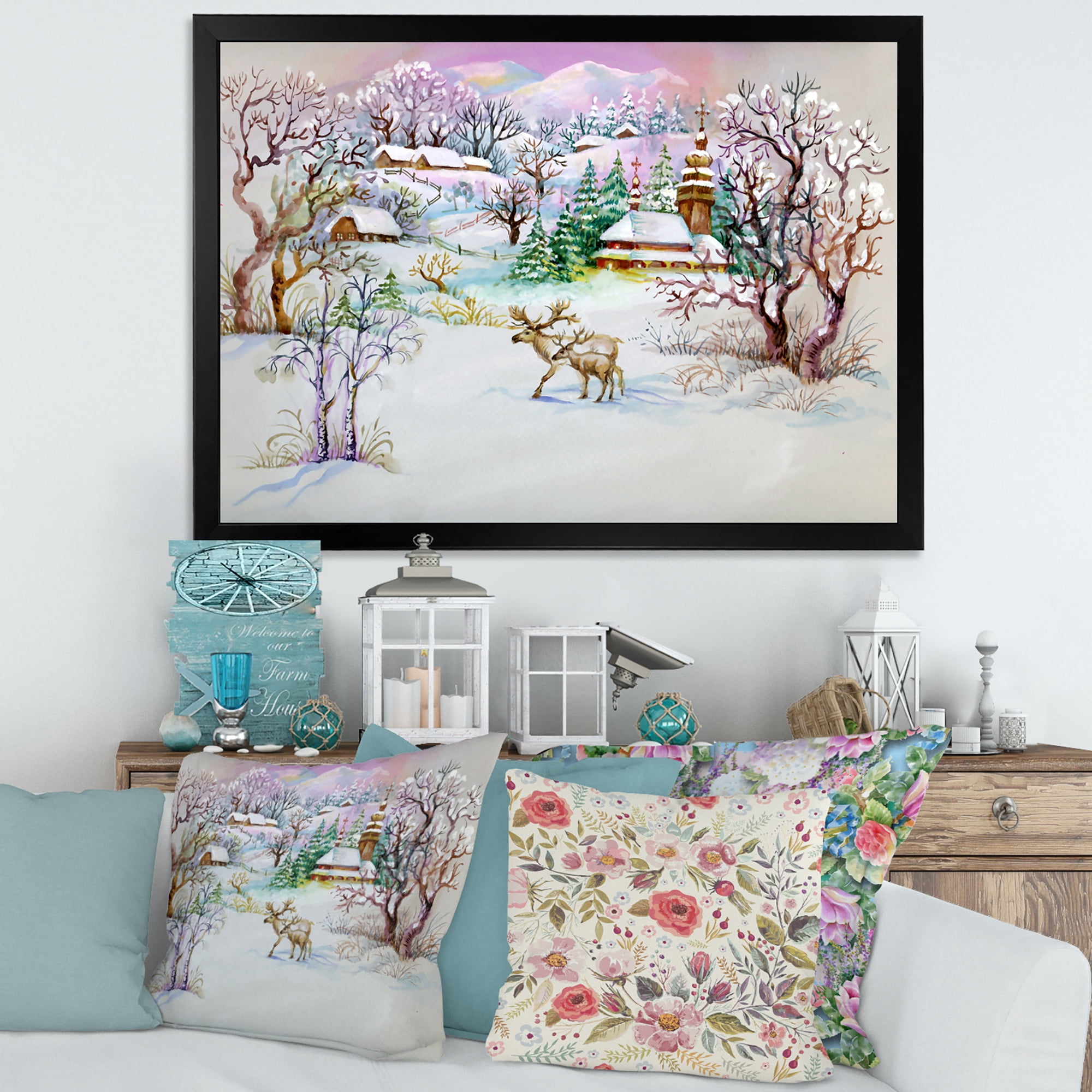 Designart 'Winter VIllage Life Landscape' Traditional Framed Art Print