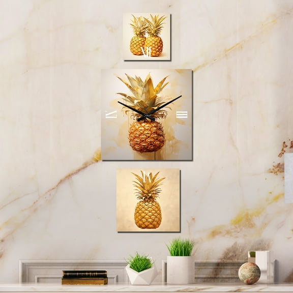 Designart "The Golden Grove of Pineapples" Pineapples Extra large Clock For Office Décor - Large Traditional Wall Clock - Oversized Beige Wall Clock - Set Of 3