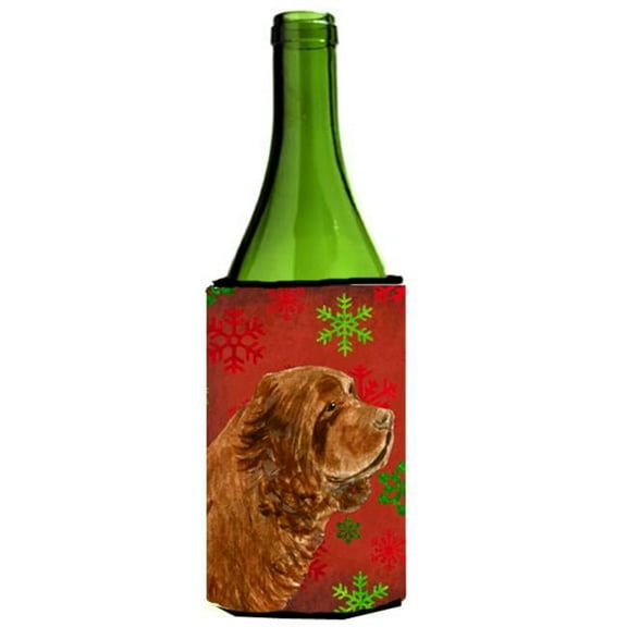 Sussex Spaniel Red Green Snowflake Holiday Christmas Wine bottle sleeve Hugger - 24 oz.