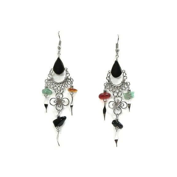 Teardrop Stone Cabochon Multicolored Chip Stone Long Metal Flower Dangle Earrings - Womens Fashion Handmade Jewelry Boho Accessories