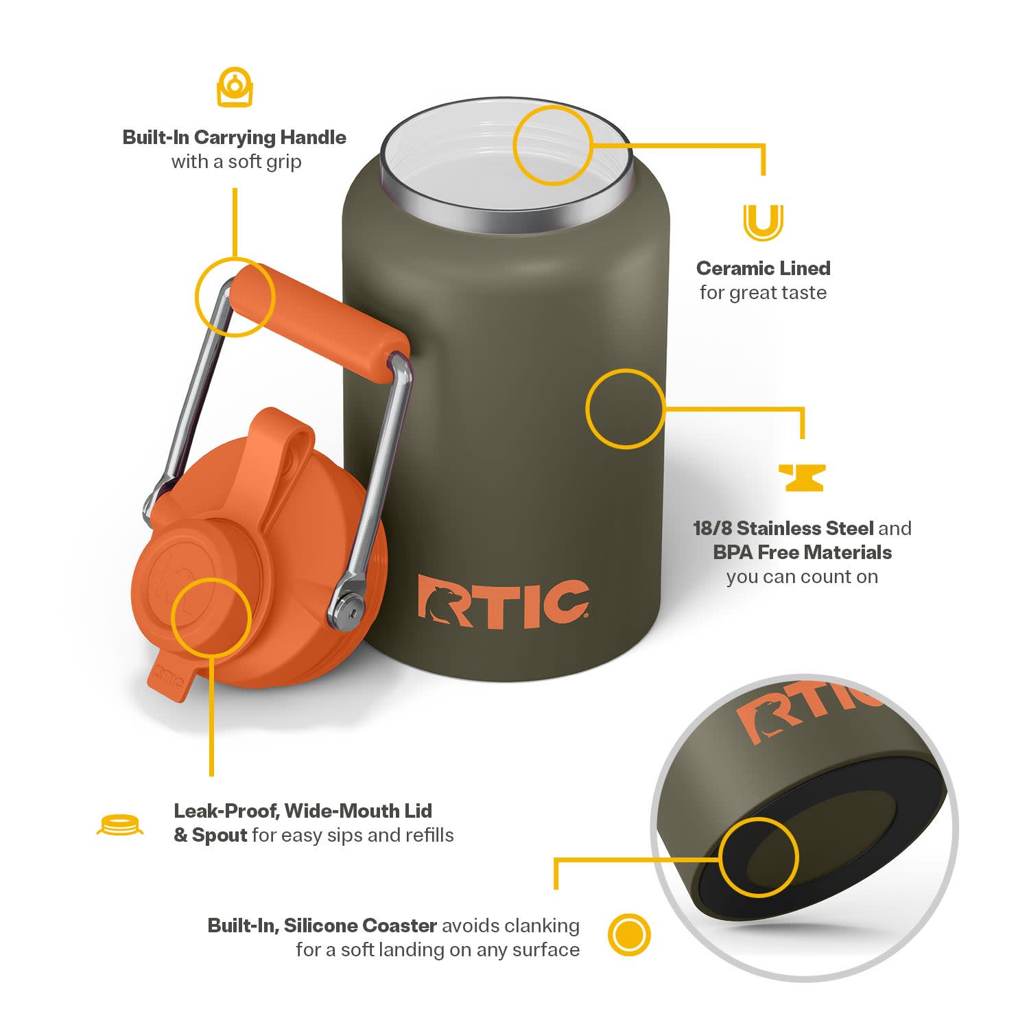RTIC Half Gallon Ceramic Lined Insulated Outback Water Bottle Jug, Leak Proof, Trailblazer