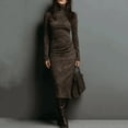 thumbnail image 3 of Women's Pleated Velvet Super Long Dress Long Sleeve High Neck Tight Long Dress Fashion Solid Color for Winter Elegance and Formal Events,Coffee,M, 3 of 6