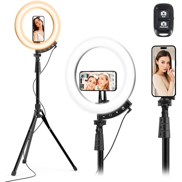 14'' LED Foldable Ring Light with 62'' Tripod Stand, Selfie Ring Light for Video Recording, Live Streaming, TikTok & YouTube, Compatible with & (Black)
