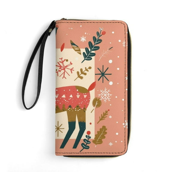 Womens Wallet Bifold Ladies Cluth Bag Wristlet Wrist Strap Long Purse Christmas Deer Design