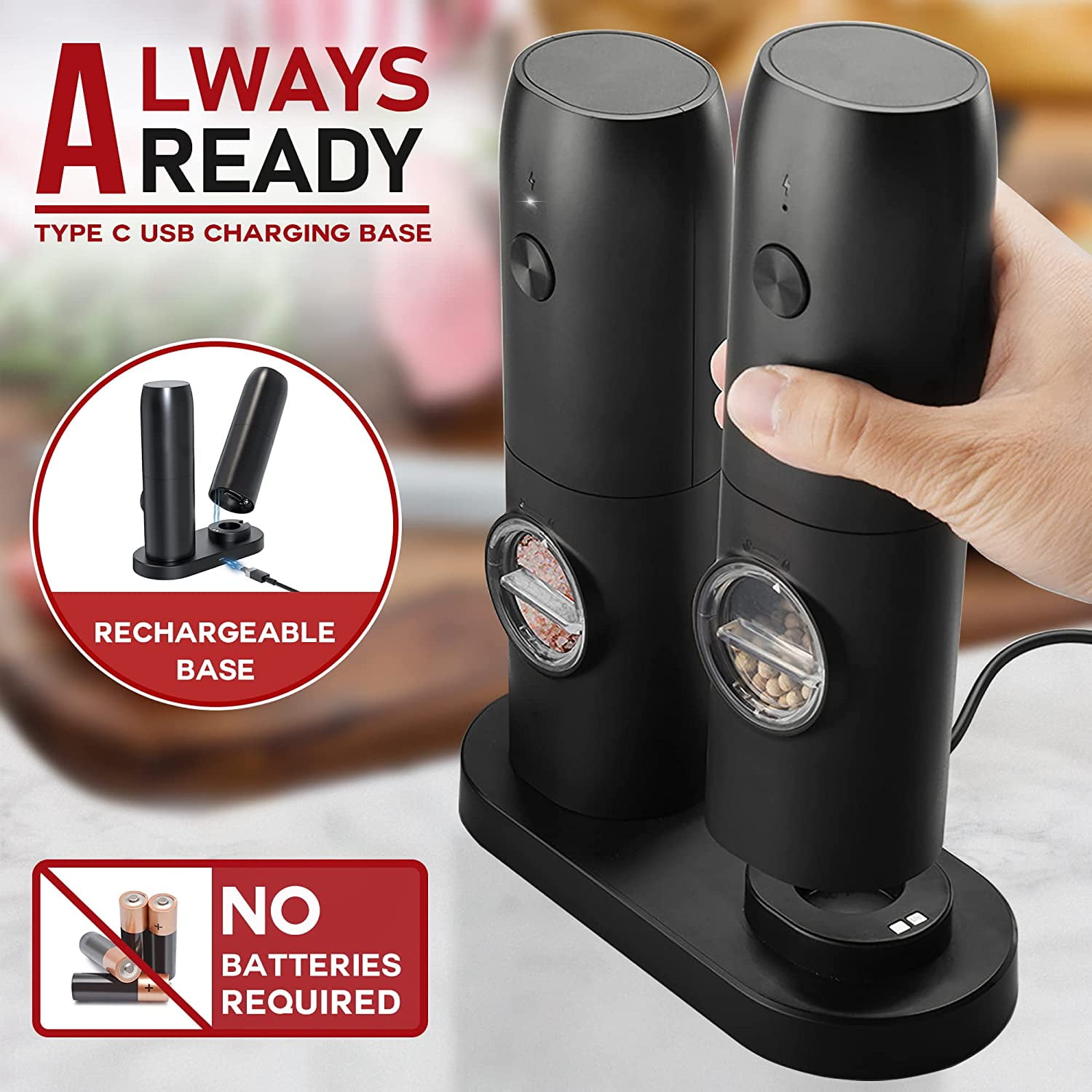 Electric Salt and Pepper Grinder Set, 2 Mills, Rechargeable, With Charging  Base, Power Adapter
