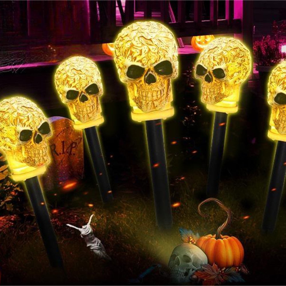 Lampes Solaires D'extérieur Pour Chemin D'Halloween, Torches Solaires En Forme De Crâne, Lampes