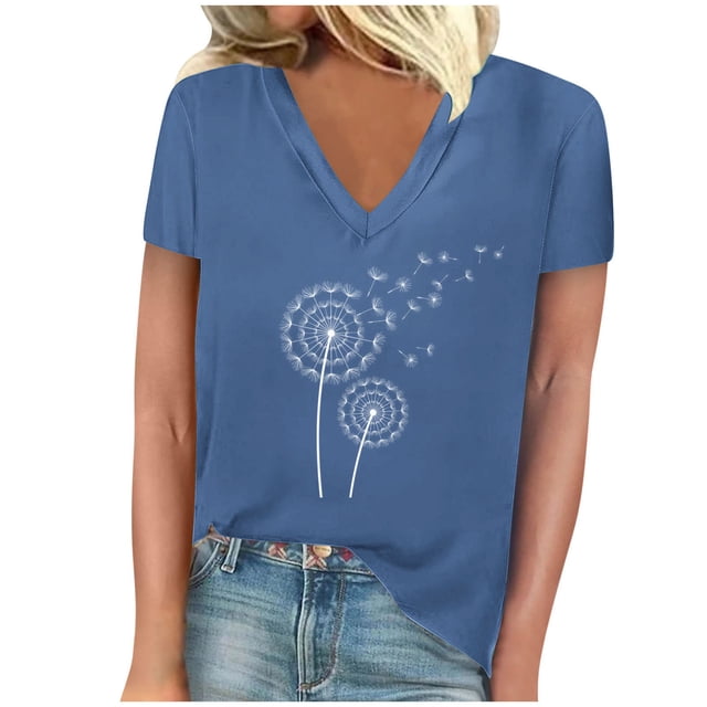 Camisetas de Manga Corta para las Mujeres, Impresión de Cuello en V Camiseta Casual Top Hecho de 95% Poliéster 5% Spandex para el Uso Diario de Primavera Verano, Camisetas para las Mujeres Casual