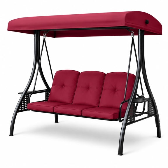 Garvee 3-Seat Outdoor Patio Swing Chair with Canopy and Cushions, Heavy Duty Steel Frame Weather-Resistant Garden Porch Swing Bench – Wine Red or Khaki