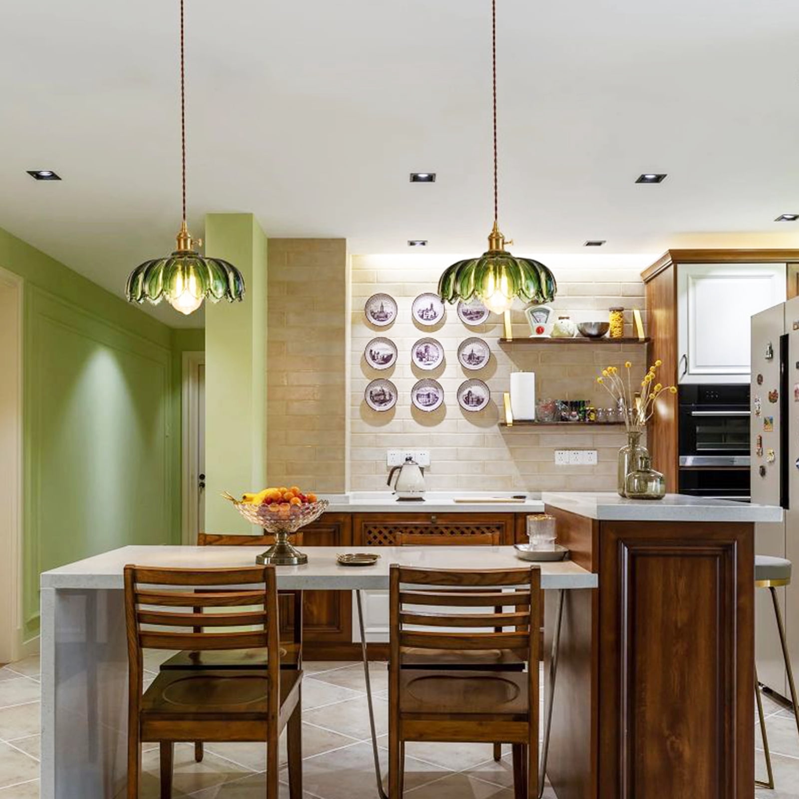 Glass Pendant Lights Plug in, Green Vintage Pendant Light Fixtures,Plug in Hanging Lamp for Dining Room, Living Room, Bedroom (No Bulb Included)