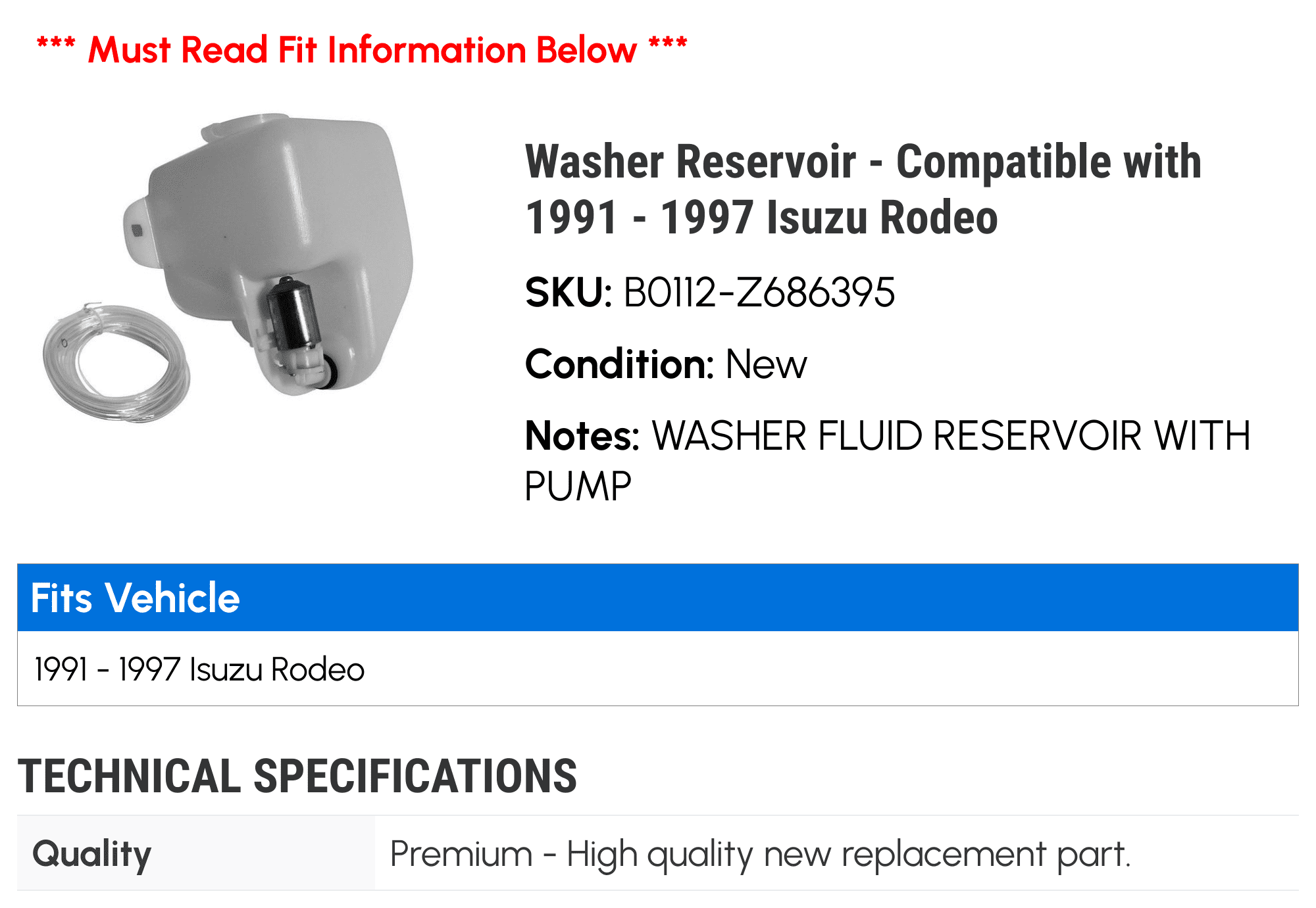 Washer Reservoir - Compatible with 1991 - 1997 Isuzu Rodeo 1992 1993 1994 1995 1996