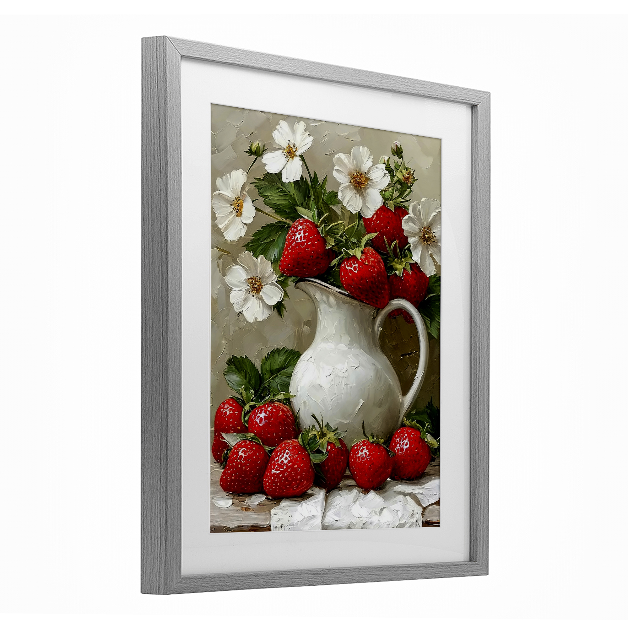 Painterly Strawberries Still Life Gray Framed Print Under Glass, design by Lettered and Lined