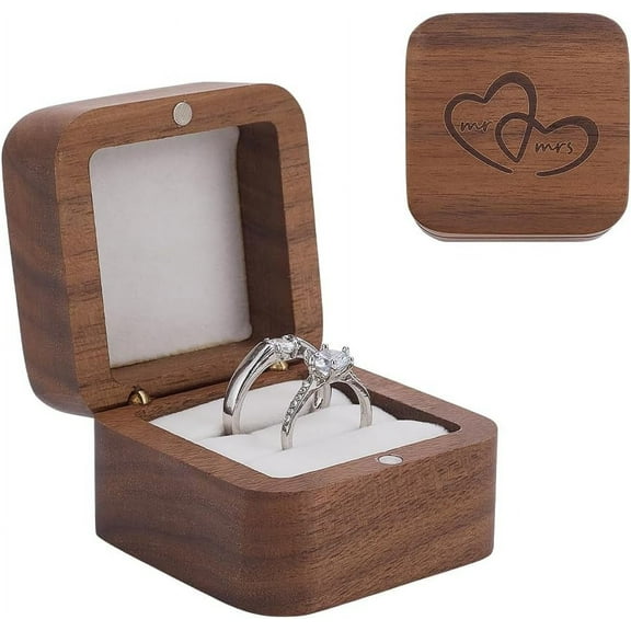 Wood Ring Box Double Slot Ring Box Engraved Ring Storage Boxes Ring Bearer Boxes Rustic Ring Holder with White Velvet Inside for Proposal Wedding Engagement Ceremony 2.1x2.1x1.4''