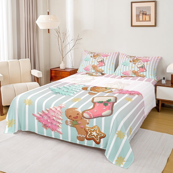 Feelyou Pink Christmas Socks Full Size Sheets for Child, Cartoon Xmas Tree Bed Sheets, Green Stripes Geometric Sheet Sets, Luxury Bedroom Decor, 4pcs