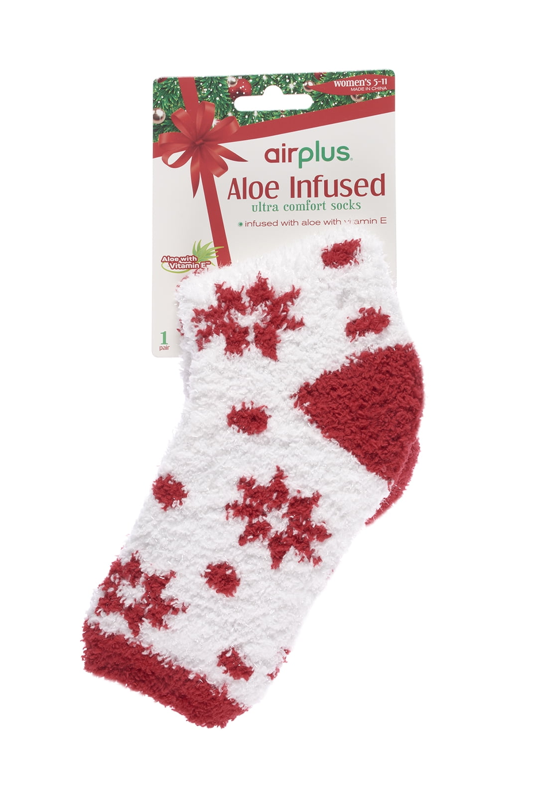 Airplus Holiday Aloe Infused Spa Crew Socks, White/Ribbon Red, Women's Medium, 5-10