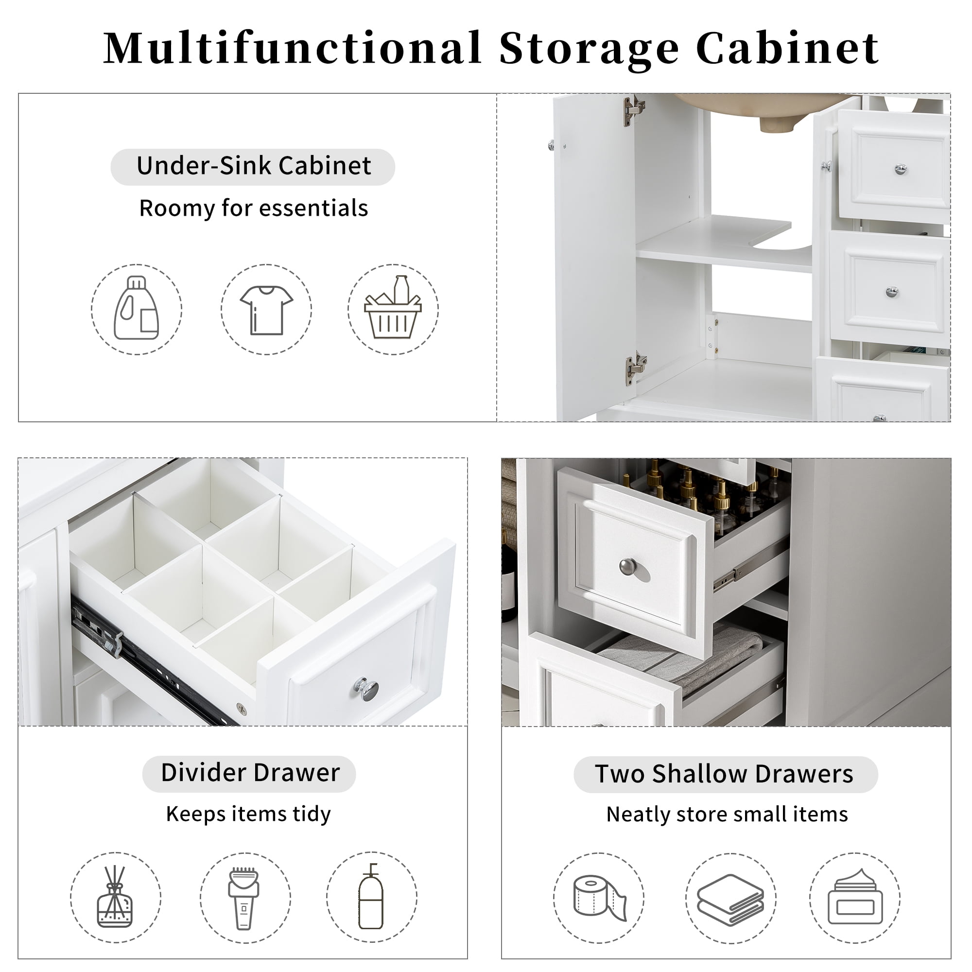 Euroco 36'' transitional bathroom vanity with ceramic sink – features 2 soft-close doors, an adjustable U-shaped shelf, 3 drawers (including one with divider), painted finish, and ample storage space