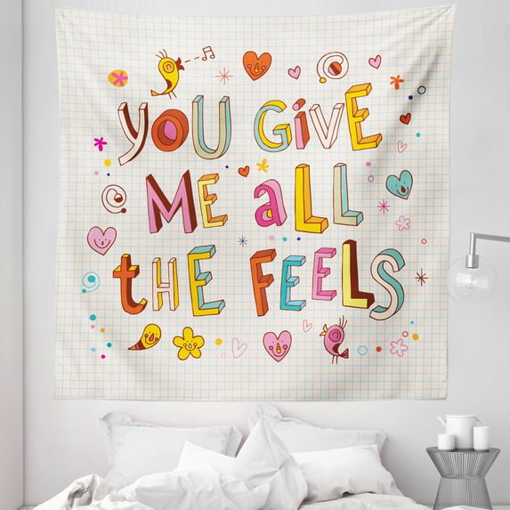 Saying Tapestry, You Give Me All The Feels Reason of My Happiness Love Romantic Relationship Card Art, Fabric Wall Hanging Decor for Bedroom Living Room Dorm, 5 Sizes, Multicolor, by Ambesonne