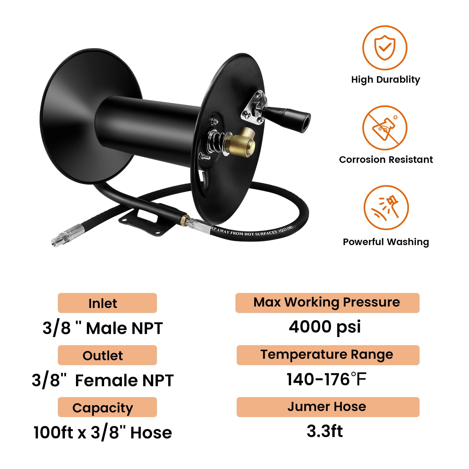 Imeshbean Black 100ft Wall-Mounted Hose Reel, Heavy Duty Steel with Hand Crank