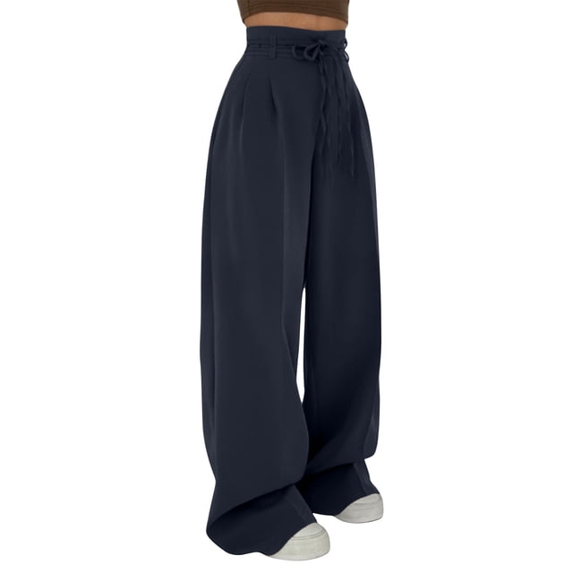 HAiming Womens Long Pants High Elastic Waist Drawstring Wide Leg Solid Color Casual Trousers Workout Active Joggers Pants