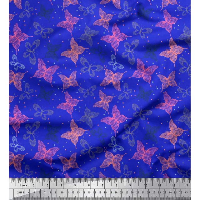 Soimoi Polyester Crepe Fabric Dot & Butterfly Print Fabric by The Yard 52 Inch Wide