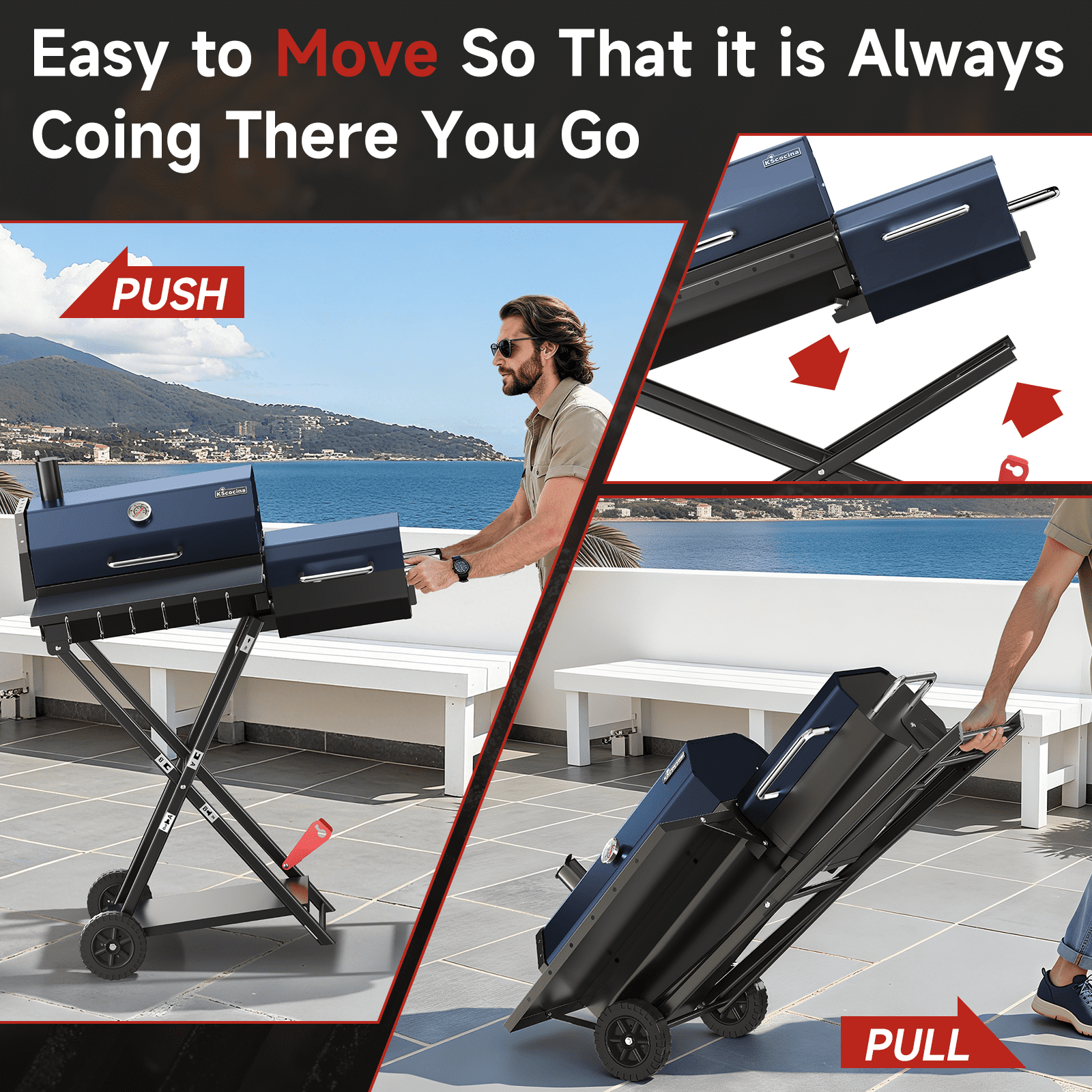 KScocina Barrel Charcoal Grill with Offset Smoker, 2-in-1 Foldable Suitcase BBQ Combo, 600 sq. in. with Waterproof Cover, for Outdoor Grilling and Backyard Cooking,Blue