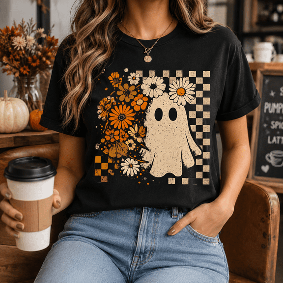 Floral Ghost Halloween T-Shirt, Retro Daisy Checker Graphic Tee, Comfort Colors Spooky Season Fall Apparel Gift for Women - Black, S