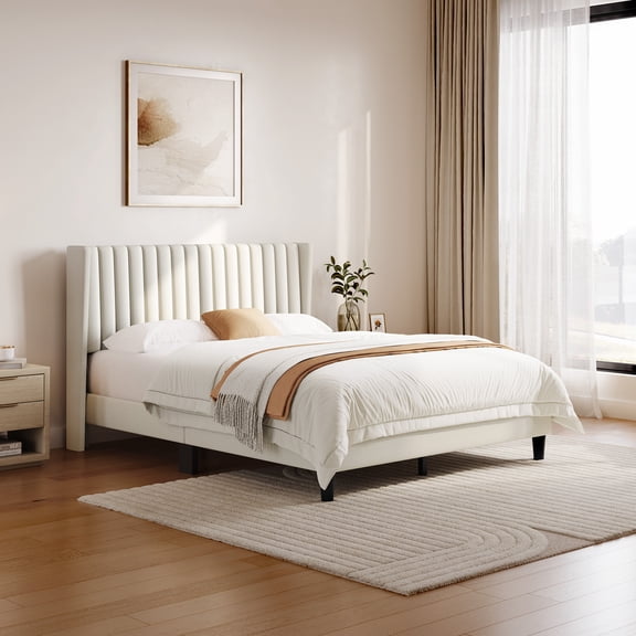 Yaheetech Upholstered Platform Bed Frame with Channel Tufted Headboard, Queen, Ivory
